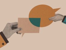 A visual illustration of two people exchanging speech bubbles, symbolising communication in therapy.