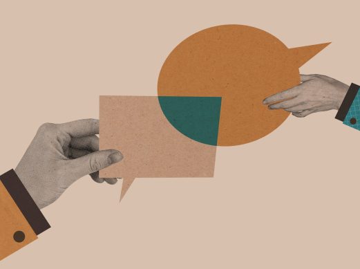 A visual illustration of two people exchanging speech bubbles, symbolising communication in therapy.